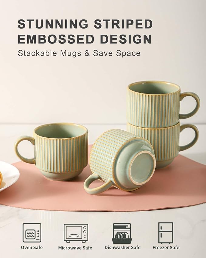 HASENSE Ceramic Coffee Mugs Set of 4 with Rack - 15 oz Stackable Large Porcelain Ribbed Latte Cup Set for Cappuccino, Tea, Hot Cocoa, Drinks - Dishwasher & Microwave Safe, Green Earth - Image 3