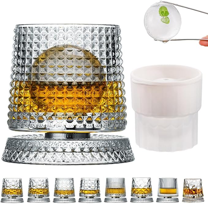 360 Degree Rotating Whiskey Glass Set with Ice Ball Mold, Crystal Clear Bourbon Scotch Glassware for Men, Fun & Novelty Gifts (Pattern 3) by GOWARM