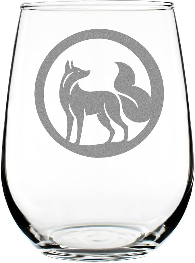 Kitsune Fox Etched 17oz Stemless Wine Glass | Japanese Mythology Engraved Glassware by Make+Your+Mark+Design