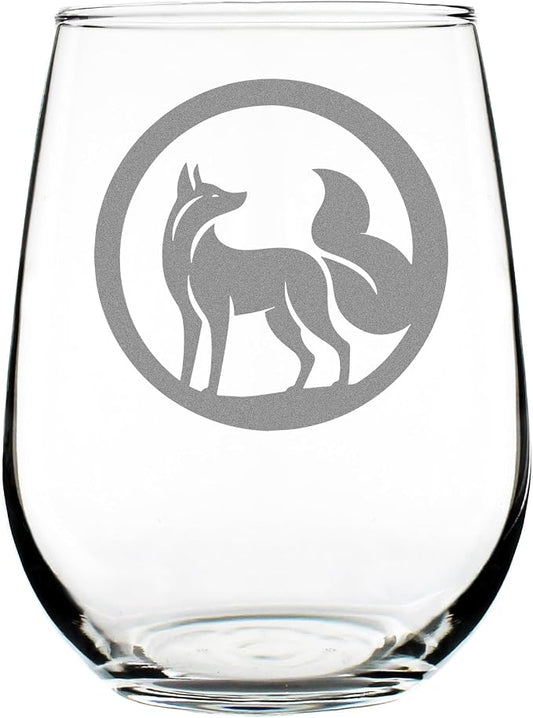 Kitsune Fox Etched 17oz Stemless Wine Glass | Japanese Mythology Engraved Glassware by Make+Your+Mark+Design