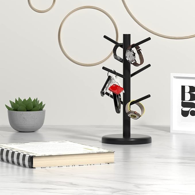 Dorhors Mug Holder Tree,Coffee Cup Holder,Mug Rack Stand Hook,Bar Organizer | Black Wood Coffee Station Accessories 6 Hook,Coffee Shelf Decor for Kitchen Countertop,Counter Storage Display Mug,Cup - Image 4