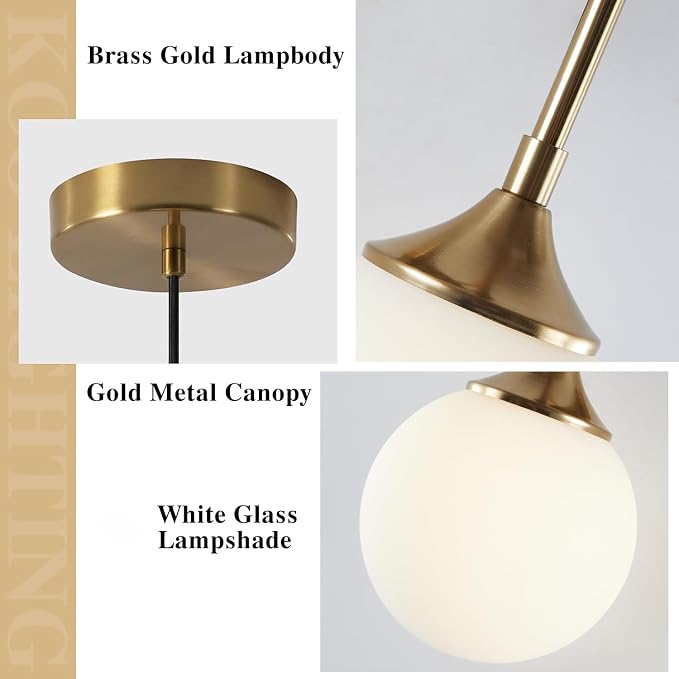 KCO Lighting 7” Small Milk Glass Pendant Light Gold Globe Kitchen Pendant Lights Vintage White Glass Hanging Light Fixture Mid Century Modern Dining Room Ceiling Light Fixture (2 Pack) - Image 3
