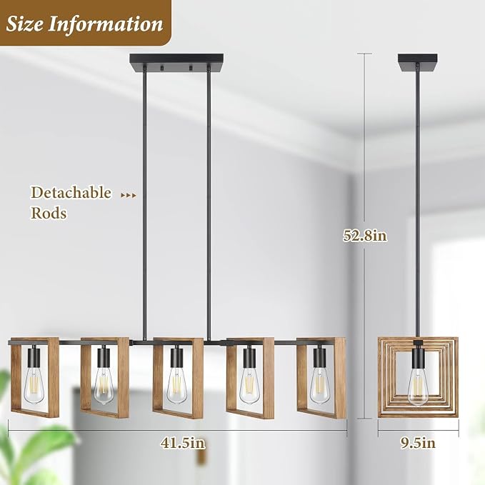 53’’ Farmhouse Kitchen Island Lighting, 5-Light Adjustable Dining Room Light Fixtures, Rustic Wood Chandeliers Black Hanging Light Fixtures for Kitchen, Pool Table Lights, Bulbs Not Included - Image 6