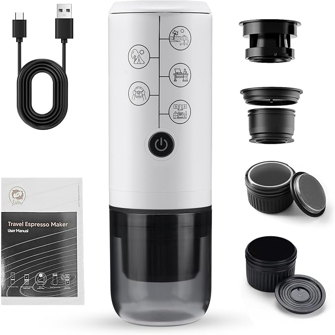 Portable Espresso Coffee Maker 4-in-1 Compatible with NES and DG Capsules and Ground Coffee Cordless 17Bar Rechargeable Electric Machine with 2600mAh Battery for Home Car Travel by Unknown