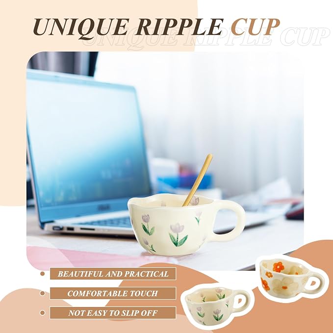 Vesici 2 Pcs Ceramic Coffee Mugs with Spoon, Vintage Floral Spring Mugs with Handle, 8.5 oz Aesthetic Flower Porcelain Tea Cup Set, Dishwasher & Microwave Safe Mothers Day Gifts for Mom(Charming) - Image 5