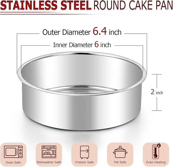 LIANYU 6 Inch Round Cake Pan, Stainless Steel Baking Layer Cake Pan Tin | Heavy Duty Metal Round Tier Cake Baking Tins, 2In Tall, Oven & Dishwasher Safe, No Coating, Non Toxic Bakeware - Image 2
