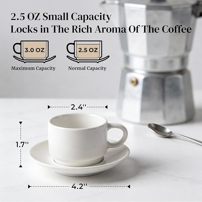 DOWAN 2.5 OZ Stackable Espresso Cups, Porcelain Coffee Cups with Saucers Set of 4, White Espresso Shot Cup, Tea Cups for Home, Office and Cafe Use - Image 2