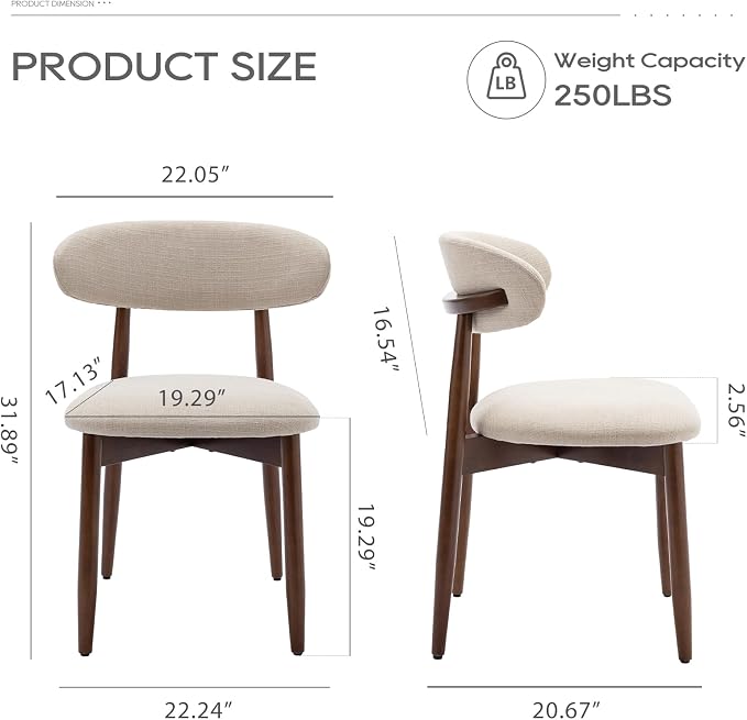 COLAMY Wooden Dining Chairs Set of 2, Modern Fabric Upholstered Kitchen Side Chairs, Farmhouse Dining Room Chair with Foot Pegs, Beige - Image 2