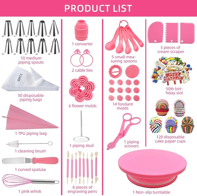 276pcs Cake Decorating Kit with Revolving Cake Turntable,Piping Bags and Tips Set, Cookie cutters,14 Fondant Stamps and Pen,120Cupcake liners,Cake Baking Supplies for Beginners