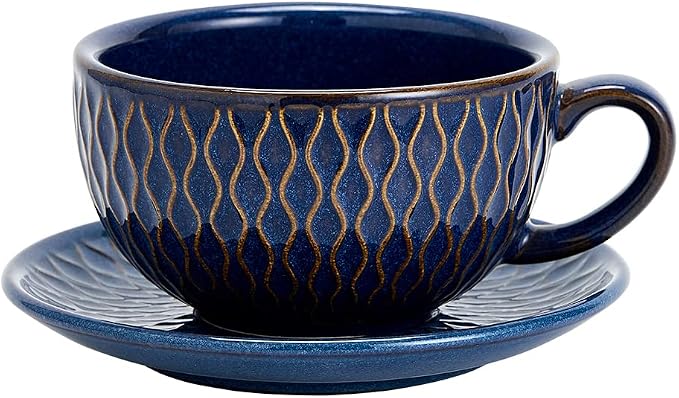 Coffeezone Vintage Design 12 oz Ceramic Latte Art Cappuccino Barista Cup with Saucer (Embossed Blue) by Coffeezone