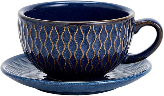 Coffeezone Vintage Design 12 oz Ceramic Latte Art Cappuccino Barista Cup with Saucer (Embossed Blue) by Coffeezone