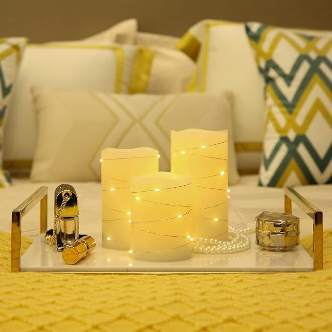 H-BLOSSOM Flickering Flameless Candles Ivory Real Wax Pillar with Embedded String Lights LED Candles Battery Operated with Cycling 5H Timer Set of 3 (3" x 4"/5"/6") (Ivory) - Image 4