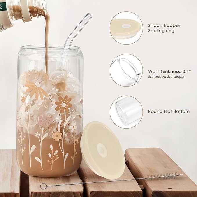 SANDJEST Flower Glass Can, Floral Cup with Lid & Straw, Iced Coffee Aesthetic Cups, Idea Gift for Christmas Birthday Mother Day, Gifts for Women, 16oz