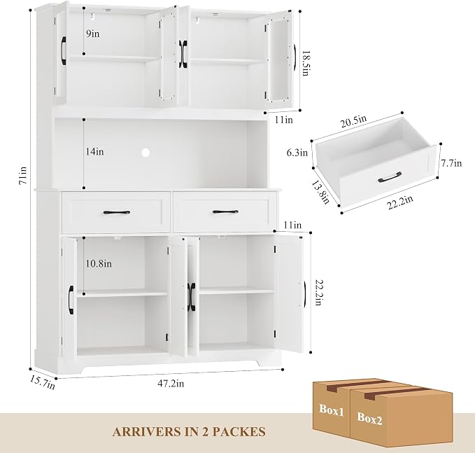 BOTLOG 71" Large Pantry Storage Cabinet with Microwave Stand | Tall Hutch Cabinet with Glass Doors 8 Storage Compartments for Dining Room, Modern White - Image 3