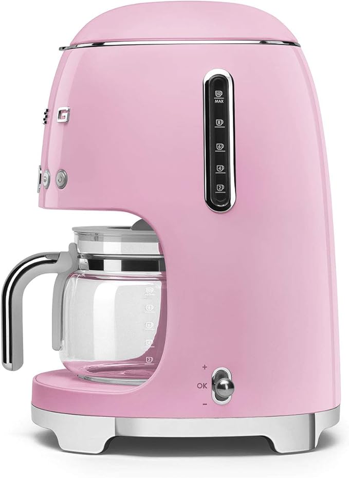 Smeg 50's Retro Style Aesthetic Drip Coffee Machine with 10 Cup Glass Carafe, Auto Start Feature, Keep Warm Plate, and Two Coffee Strength Settings (Pink) - Image 3