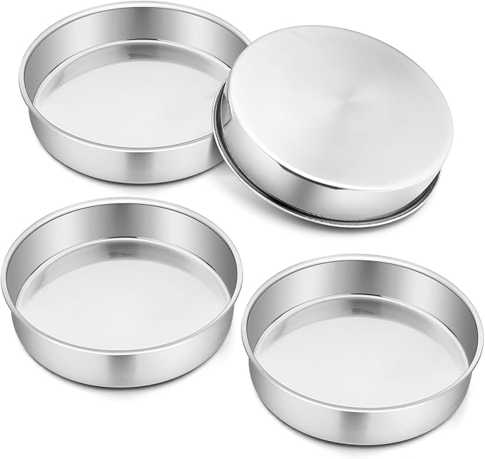 P&P CHEF 9.5 Inch Cake Pan Set of 4, Stainless Steel Round Cake Pans Tins | Baking Round Cake Bakeware for Birthday Wedding, Leak-proof & Mirror Finish & Easy Releasing, Dishwasher Safe by PPCHEF