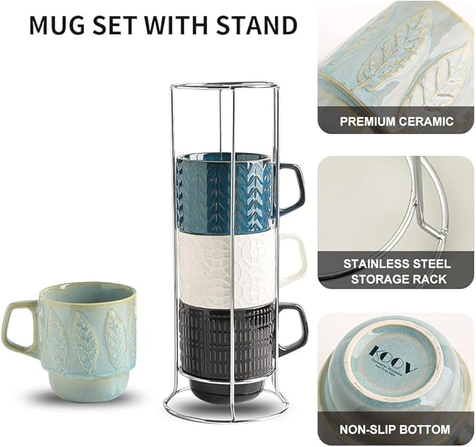 KOOV Ceramic Coffee Mug Set with Stand, 16 oz Coffee Mugs for Coffee, Tea, Cocoa, Stackable Ceramic Coffee Cup Set of 4, Large Mug Set of 4, Drinking Vessels for Women, Men (Blueset) - Image 3