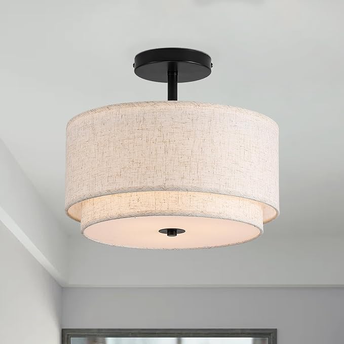 Vexagyle 12.6inch Flush Mount Ceiling Light Fixture,3-Light Modern Close to Ceiling Light with 2-Layer Linen Fabric Shade,Farmhouse Drum Ceiling Mount Lamp for Bedroom Hallway Living Room by HomeLighting