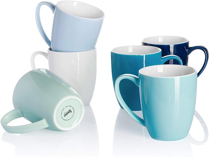 Sweese Porcelain Coffee Mugs - 12 Ounce - Set of 6, Cups for Latte, Hot Tea, Cappuccino, Mocha, Cocoa, Multicolor, Blue Assorted Colors by Sweese