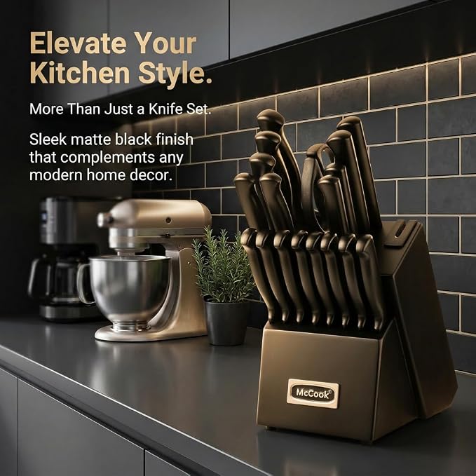 McCook® Premium Black Knife Sets,German Stainless Steel Kitchen Knives Block Set with Built-in Sharpener, 20-Piece Razor-Sharp Kitchen Knives with Ergonomic Handles, Elegant Box for Gift, Black | German Forged Stainless Steel,20 PC,Razor Sharp, Anti-Ru... - Image 7