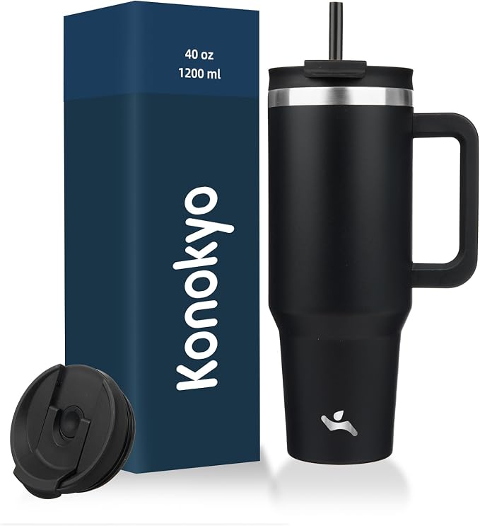 Konokyo 40 oz Insulated Tumbler Water Bottle with Handle, Straw Lid | BPA-free and dishwasher safe; made for gym, travel, coffee and gifting, 2 straws, cup holder friendly,Black by Konokyo