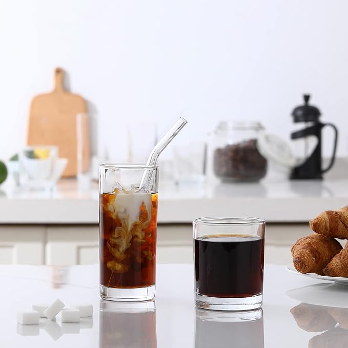 [ 12 Pack ] Glass Cups with Glass Straws, 12oz Highball & Rock Drinking Glasses, Everyday Drinkware Glasses Set, Cute Tumbler Cup, Kitchen Glasses for Iced Coffee, Water, Beer, Cocktail, Whiskey Gift. - Image 4