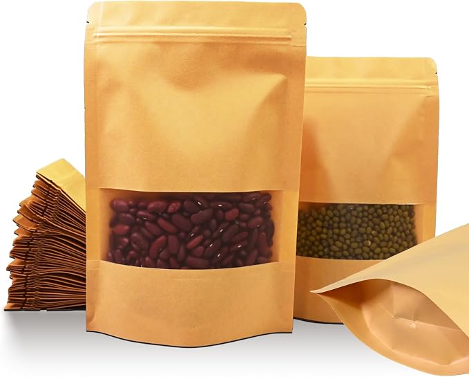 50 Pcs 5.5" x 8" Kraft Paper Bags with Window,Reusable Small Stand Up Pouches for Food Storage,Resealable Zipper Packaging Bags for Small Business, Coffee, Candy, Cookie, Snacks, Tea by NexLevVac