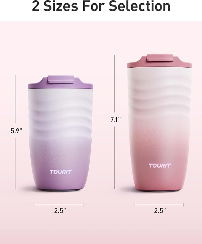 TOURIT 12 oz Travel Coffee Mug, Vacuum Insulated Stainless Steel Tumbler with Ripple-Wave Anti-Slip Grip, Built-in Silicone Bottom for Quiet & Stable, Leak-Proof Lid, Fits Car Cup Holder, Mist Purple - Image 6