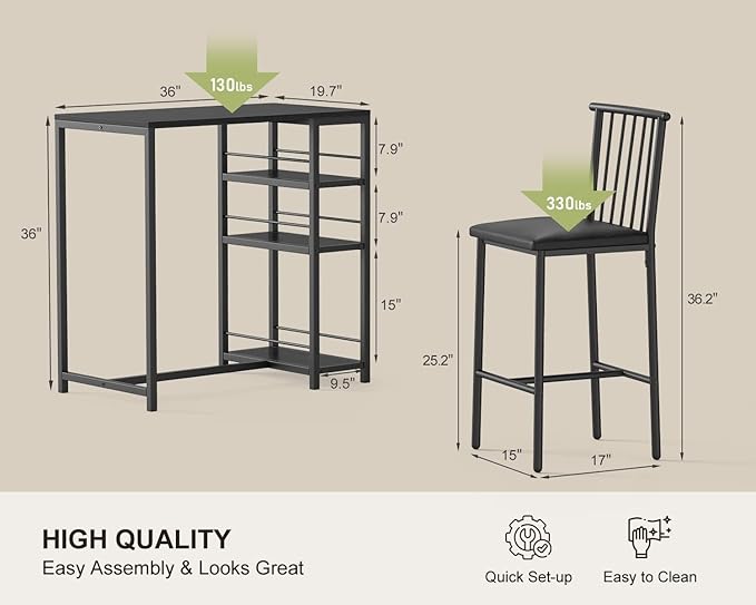 Gizoon 3-Piece Bar Dining Table Set for 2, Kitchen Table w/Shelves Black | Space-saving black bar height table set with 3 storage shelves. Includes 2 high-density PU cushion chairs that tuck away. - Image 6