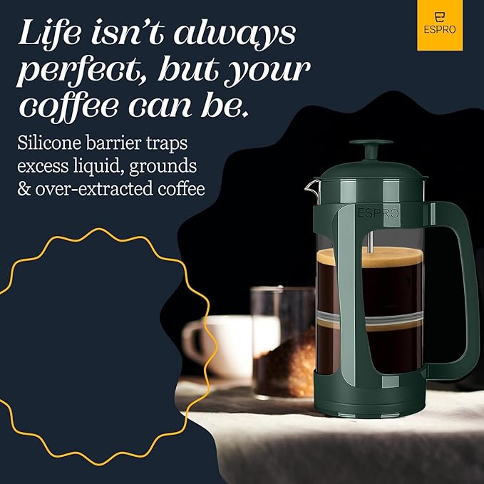 ESPRO P3 French Press Coffee Maker – Patented Double Micro-Filter for Grit-Free Brew, Heat Resistant thicker Borosilicate Glass Coffee press – Green (32 oz)