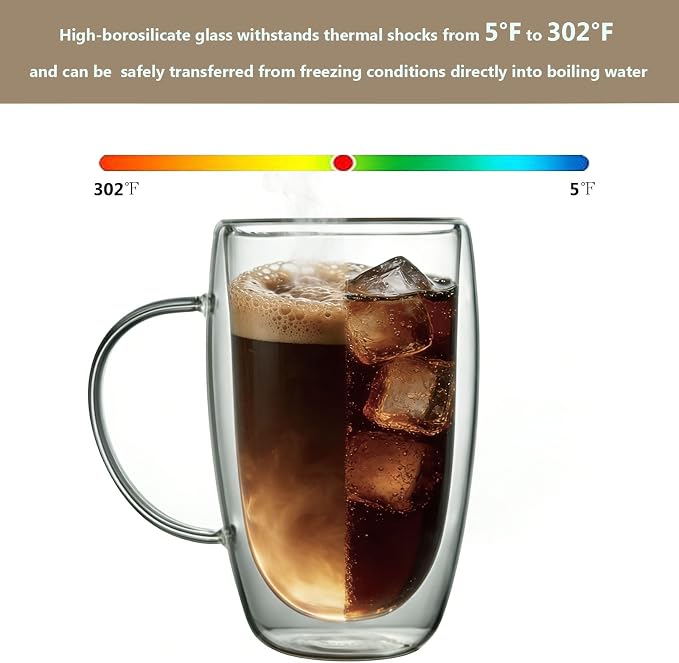 DINGPAI 15 oz Double Walled Glass Coffee Mugs, Large Coffee Mug with Handle | Borosilicate Glass, Insulation, Dishwasher Safe, Clear Glass Cups with Spoon for Latte, Cappuccino, Espresso, Americano - Image 5