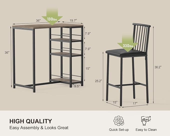 Gizoon 3-Piece Bar Dining Table Set for 2, Kitchen Table w/Shelves Grey | Space-saving grey bar height table set with 3 storage shelves. Includes 2 high-density PU cushion chairs that tuck away. - Image 6