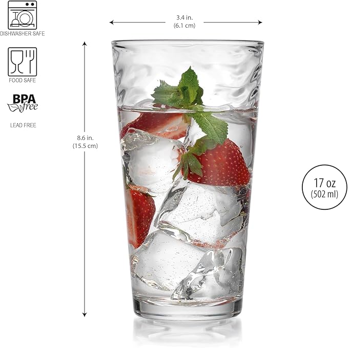 Glaver's Hammered Glass Cups. Cocktail Drinking Glasses Set of 6 Tall Kitchen Glasses, 17 oz Water Glassware For Bar, Juice, Beer, Iced Tea, Everyday Cordial Glasses Drinkware. - Image 2
