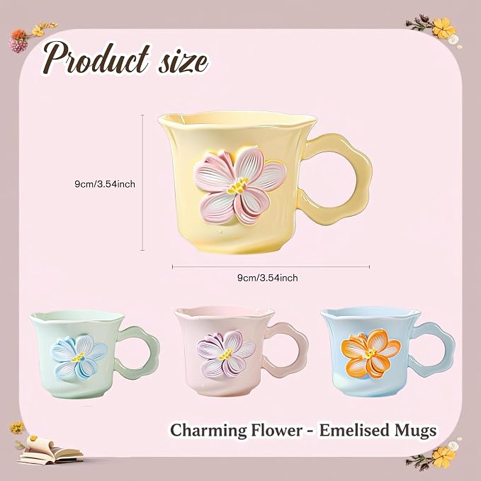 Cute Floral Coffee Mug Set of 4-12oz Ceramic Flower Embossed Cups with Petal Handles, Dishwasher and Microwave Safe - Image 2