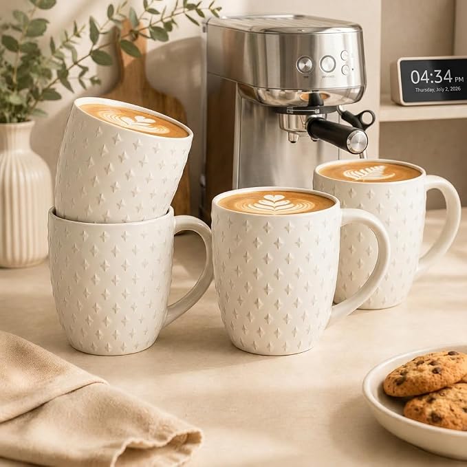 14 oz Ceramic Coffee Mugs Set of 4, White Stoneware Cups with Handle | Porcelain Mugs, Microwave & Dishwasher Safe, Coffee Mug for Tea, Coffee, Latte, Premium Kitchen & Housewarming Gift Set - Image 4
