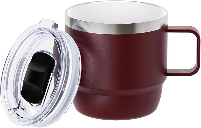 Zenbo 8 oz Small Coffee Mug with Magnetic Sliding Lid & Handle, Ceramic-Lined 18/8 Stainless Steel, Double-Wall Vacuum Insulated Espresso Coffee Cup, Stackable & Dishwasher Safe, Wild Vine Red by Zenbo