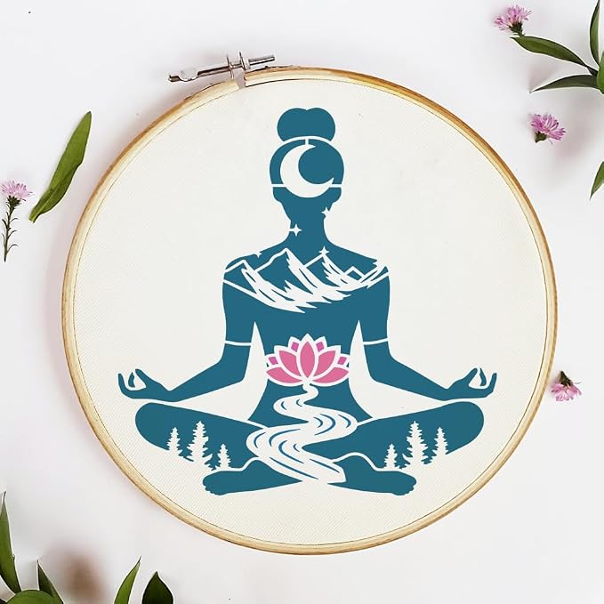 FINGERINSPIRE Yoga Stencil with Paint Brush 11.8x11.8inch Reusable Yoga Pose Stencil Mountains Lotus Flowers Woods Pattern Template Yoga with Natural Scenery Template for Painting on Wood Wall - Image 7