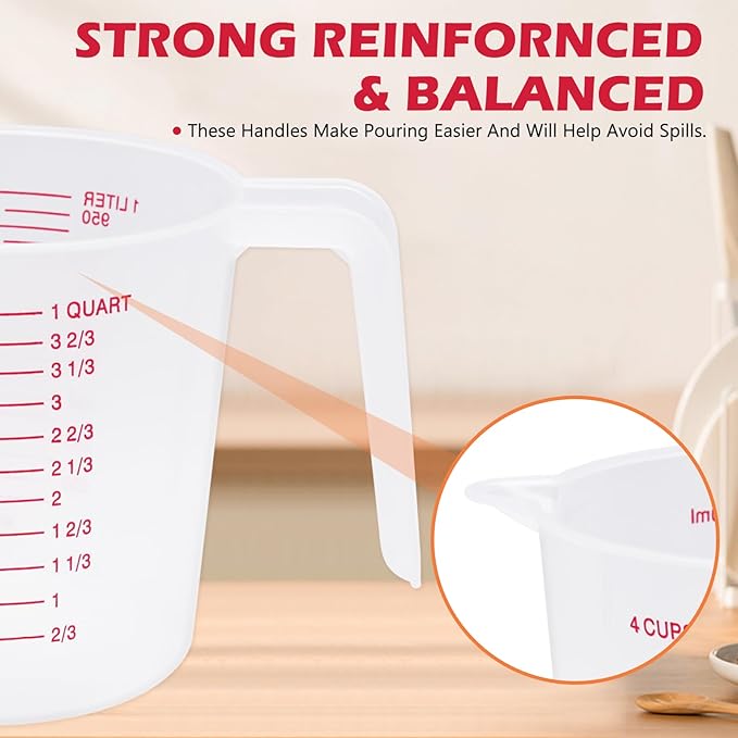 8 Pcs 4 Cup Capacity Plastic Measuring Cup, 32 Oz/1000 ml Clear Graduated Measuring Cups Plastic Mug with Spout and Handles Ounce and Ml Cup Marking for Recipe Ingredient, Flour, Water, Liquid