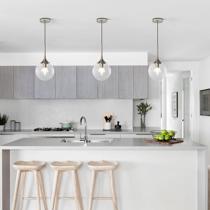 KCO Lighting 7.1” Glass Globe Pendant Light Brushed Nickel Ceiling Light Fixture Mid Century Modern Pendant Lights Kitchen Island Small Bubble Glass Pendant Light - Image 5