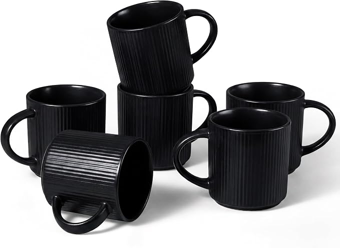 E-far 12 oz Coffee Mugs Set of 6, Stoneware Coffee Cups with Handle for Man Woman, Modern Ribbed Ceramic Tea Mugs for Latte Cocoa Milk, Microwave & Dishwasher Safe, Matte Black by E-far