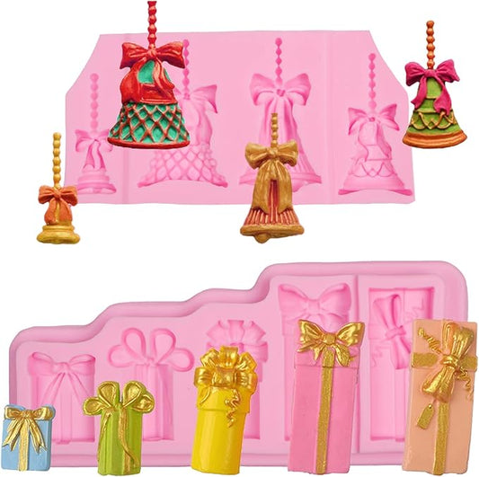 Bells Fondant Silicone Mold, Christmas Gift Box Chocolate Mold for Cake Decoration Cupcake Topper Candy Cookie Dessert Sugar Craft Gum Paste Polymer Clay Resin