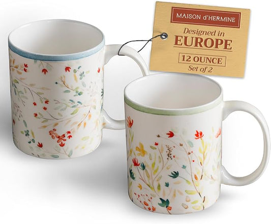 Maison d' Hermine Coffee Mug with Handles Tea Cups (12 Ounce, Pack of 2) | Fine Bone China Coffee Mugs for Hot Beverages Cappuccino Latte Home Restaurant Hotel Spring Summer -Colmar by MaisondHermine