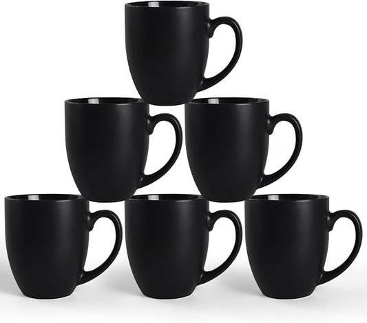 16 OZ Black Stoneware Coffee Mugs Set of 6 | Large Ceramic Coffee Cups with Handle, Porcelain Coffee Mugs Sets for Latte, Milk, Tea and Juice by Serwrsw