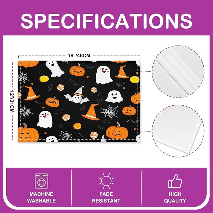 Feelyou Happy Halloween Placemats Set of 4 Cute Ghost Pumpkin Table Mats for Party Kitchen Dining Decoration Orange White Black Place Mat for Table Holiday Decor Indoor Outdoor 18"x12" Non-Slip - Image 4