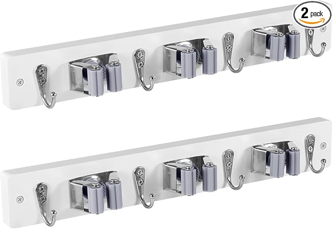 OUTNILI 2 Pack White Mop Broom Holder Wall Mount with 3 Slots & 4 Hooks - Rustic Wood Broom Mop Hanger for Pantry Kitchen Organization - Garden Tool Organizer for Closet Laundry Room by OUTNILI