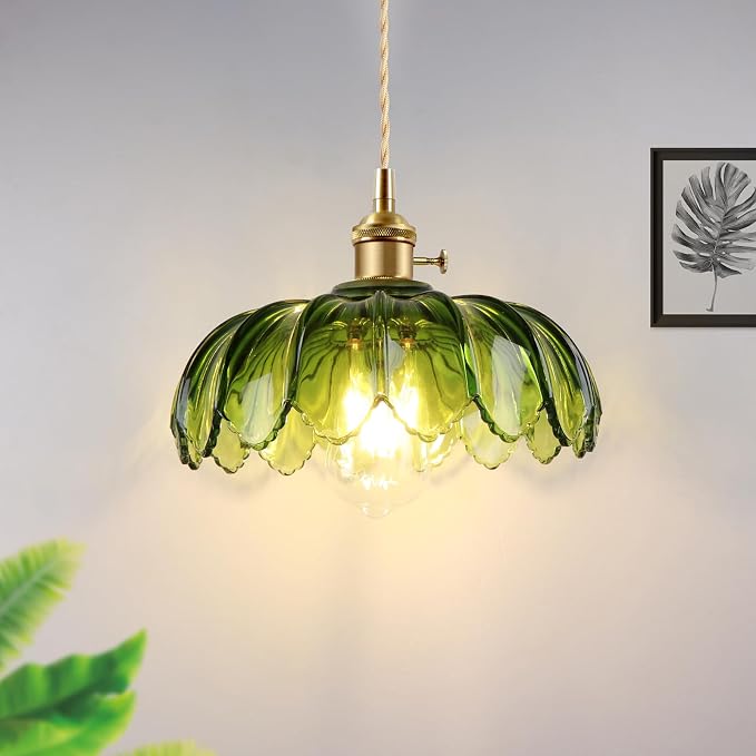 Vintage Pendant Light Green Mid Century Modern Pendant Light with Hand Blown Glass Shade Nordic Style 10" Gold1-Light Farmhouse Chandelier Ceiling Hanging Light fixtures for Dining Room Bedroom by Ourifu