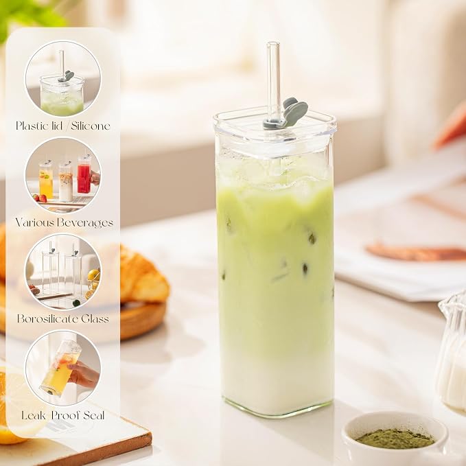 KEMORELA 6 Sets Glass Cups with Lids & Straws, Square Ribbed Drinking Glasses with Lids, Clear Highball Tumblers for Cocktail, Coffee, Juice, Beer, Modern Mixed Drinkware Jars - Image 5