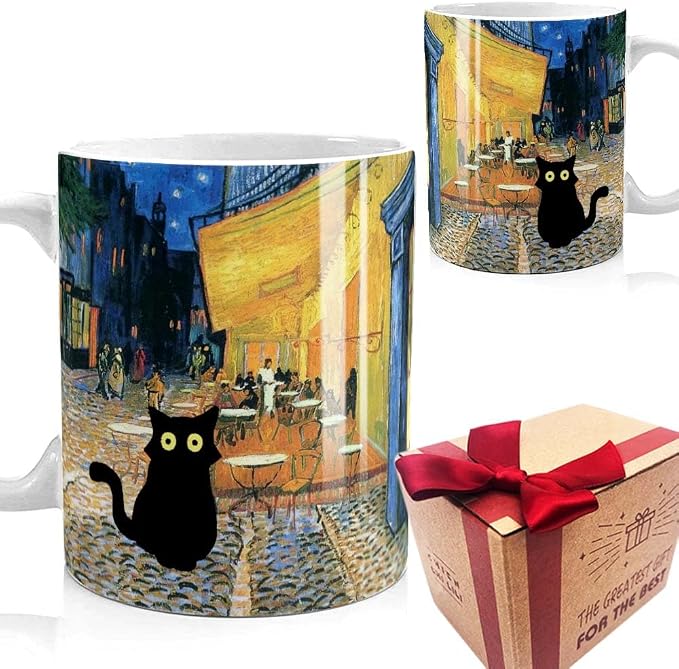 Famous Art Paintings Funny Cat Coffee Mug for Artist Art Lover Teacher Cat Lovers, Famous Picture Classic Vincent Aesthetic Canvas Mug Birthday Gift for Women Man (Terrace at Night) by SUUURA-OO