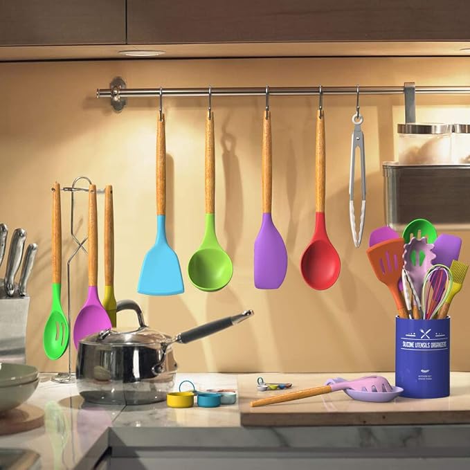 Umite Chef Kitchen Cooking Utensils Set, 33 pcs Non-stick Silicone Cooking Kitchen Utensils Spatula Set with Holder, Wooden Handle Silicone Kitchen Gadgets Utensil Set (Colorful) - Image 6