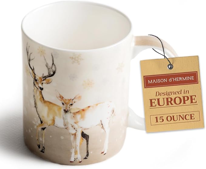 Maison d' Hermine Coffee Mug with Handles Tea Cups (15 Ounce, Pack of 1) | Fine Bone China Coffee Mugs for Hot Beverages Cappuccino Latte Home Restaurant Spring Summer -Deer In The Woods - Oh Deer by MaisondHermine